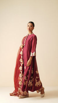 Traditional Chanderi Silk Anarkali Suit in Maroon with Dupatta