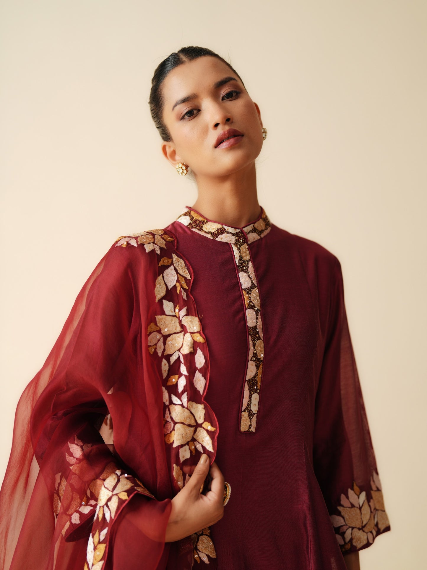 Traditional Chanderi Silk Anarkali Suit in Maroon with Dupatta