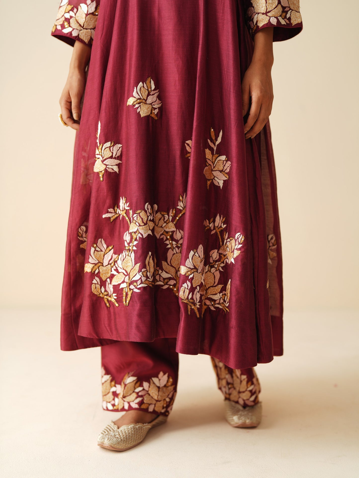 Traditional Chanderi Silk Anarkali Suit in Maroon with Dupatta
