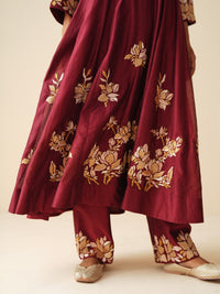 Traditional Chanderi Silk Anarkali Suit in Maroon with Dupatta