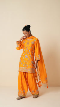 Orange Chanderi Short Suit with Farshi Salwar and Dupatta