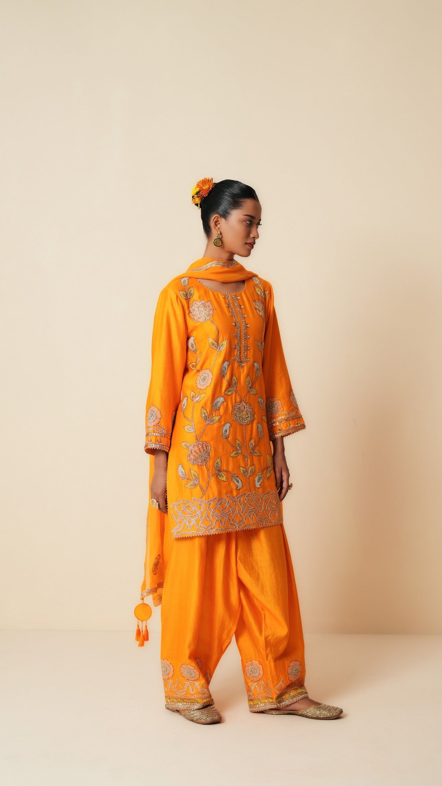 Orange Chanderi Short Suit with Farshi Salwar and Dupatta