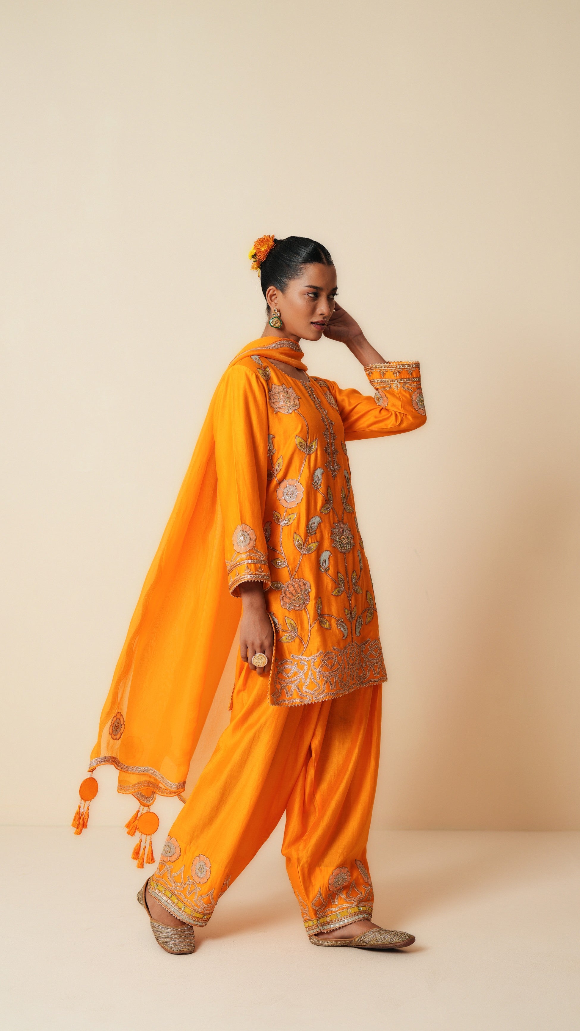 Orange Chanderi Short Suit with Farshi Salwar and Dupatta