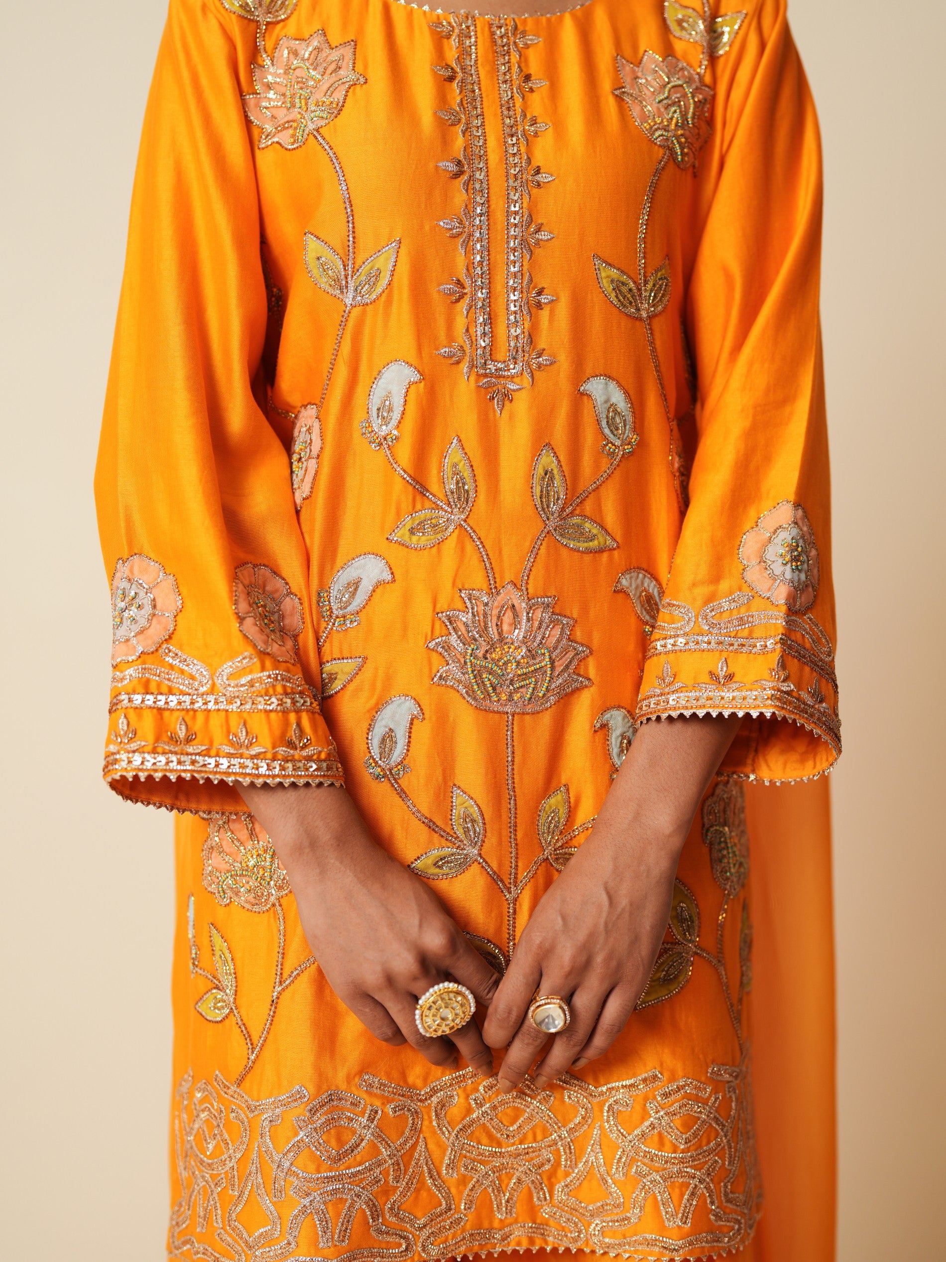 Orange Chanderi Short Suit with Farshi Salwar and Dupatta