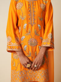Orange Chanderi Short Suit with Farshi Salwar and Dupatta