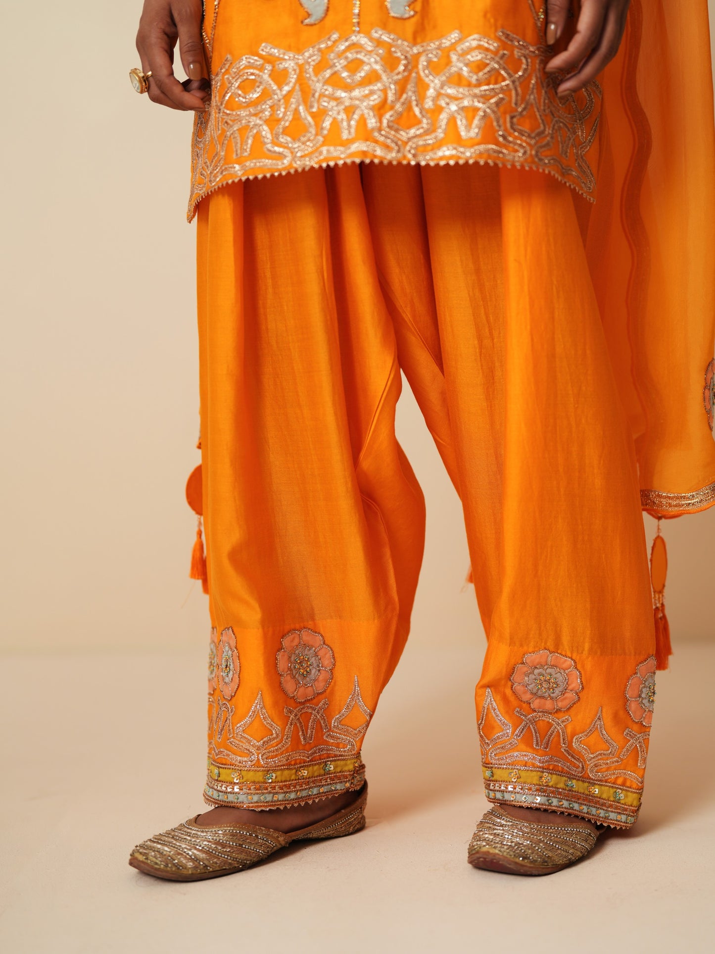 Orange Chanderi Short Suit with Farshi Salwar and Dupatta