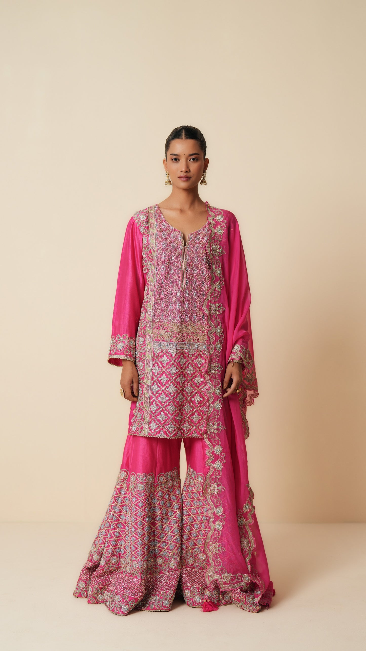 Designer Fuchsia Pink Sharara Suit with Organza Dupatta