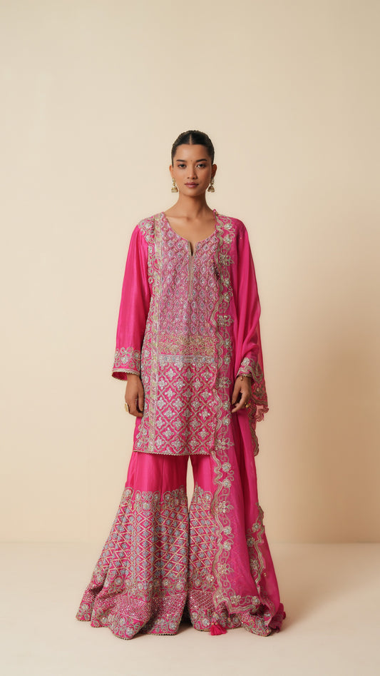 Designer Fuchsia Pink Sharara Suit with Organza Dupatta