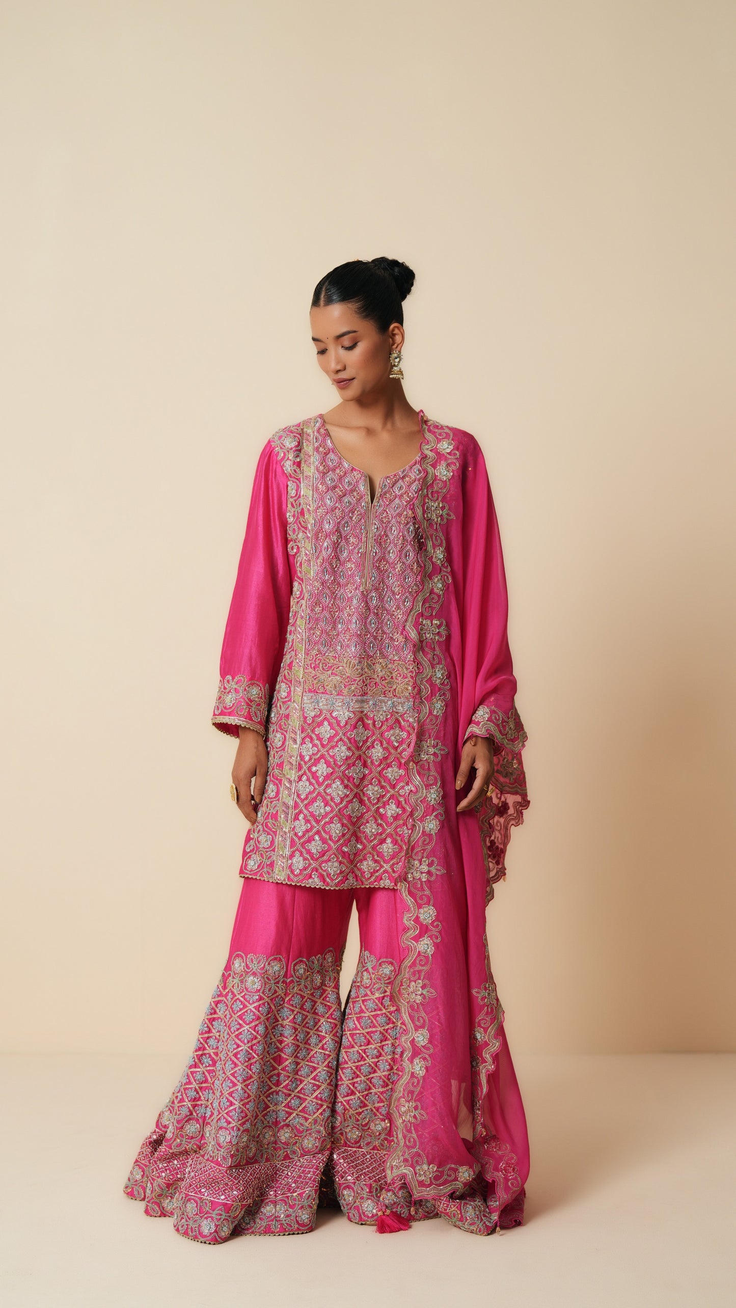 Designer Fuchsia Pink Sharara Suit with Organza Dupatta
