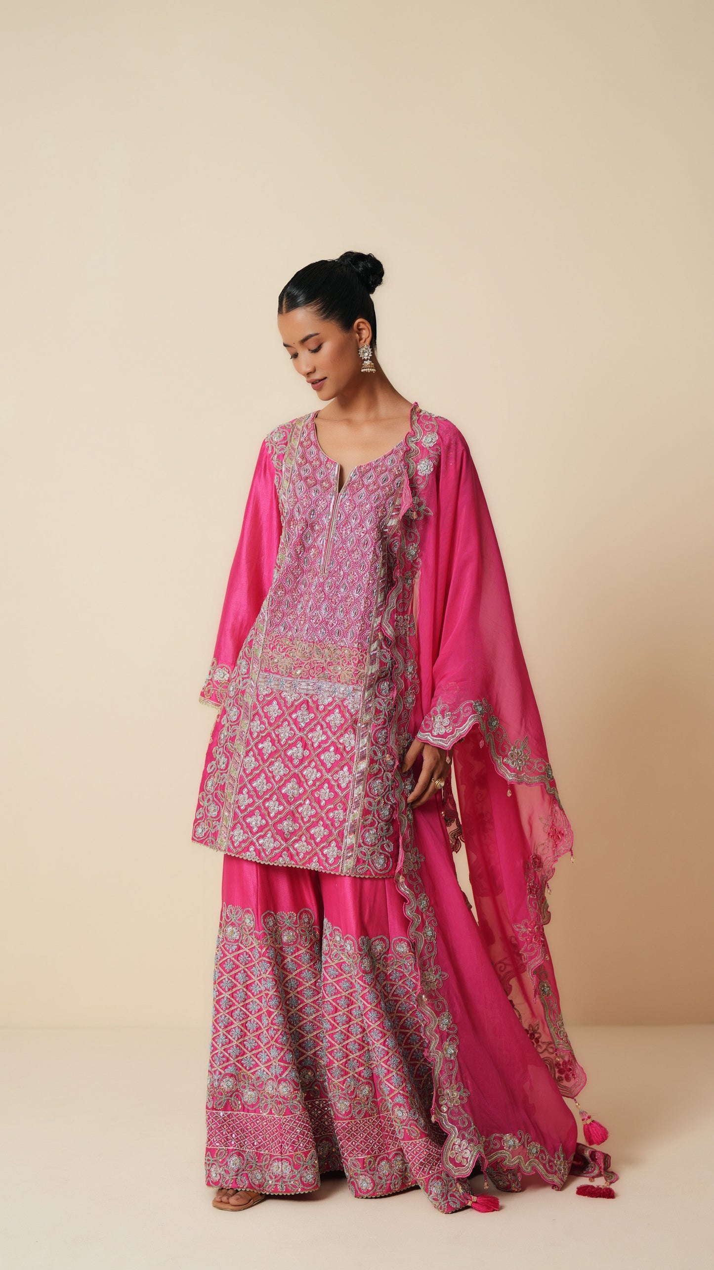 Designer Fuchsia Pink Sharara Suit with Organza Dupatta