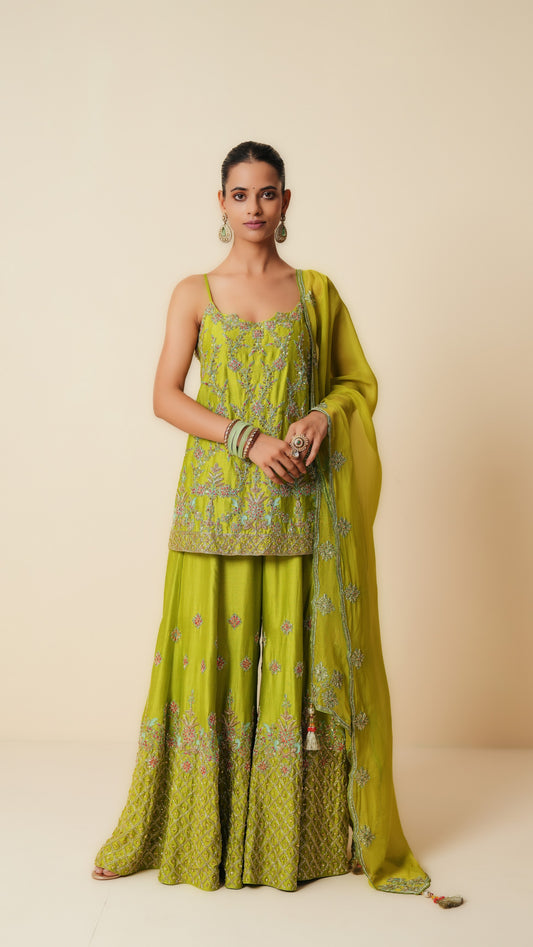 Green Embroidered Sharara Suit with Dupatta