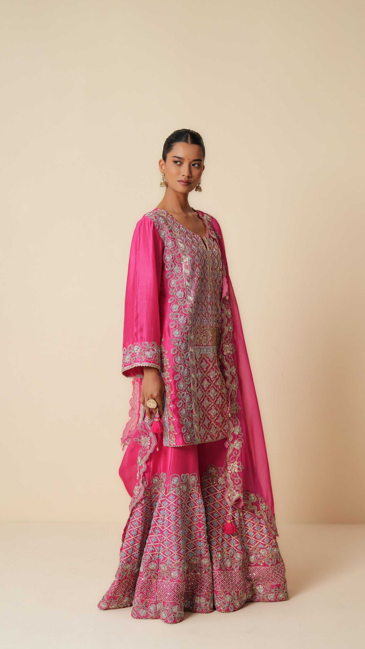 Designer Fuchsia Pink Sharara Suit with Organza Dupatta