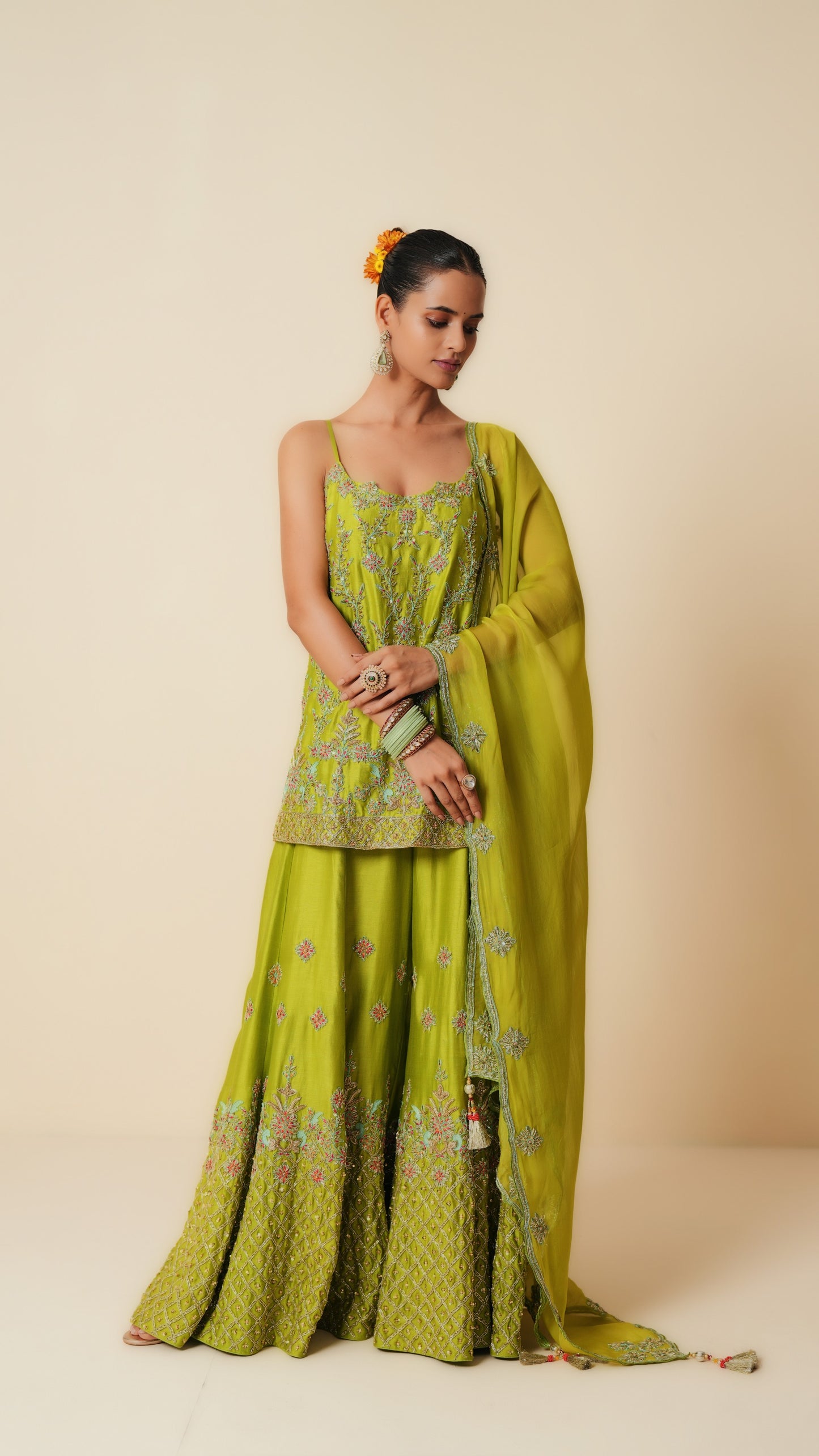 Green Embroidered Sharara Suit with Dupatta