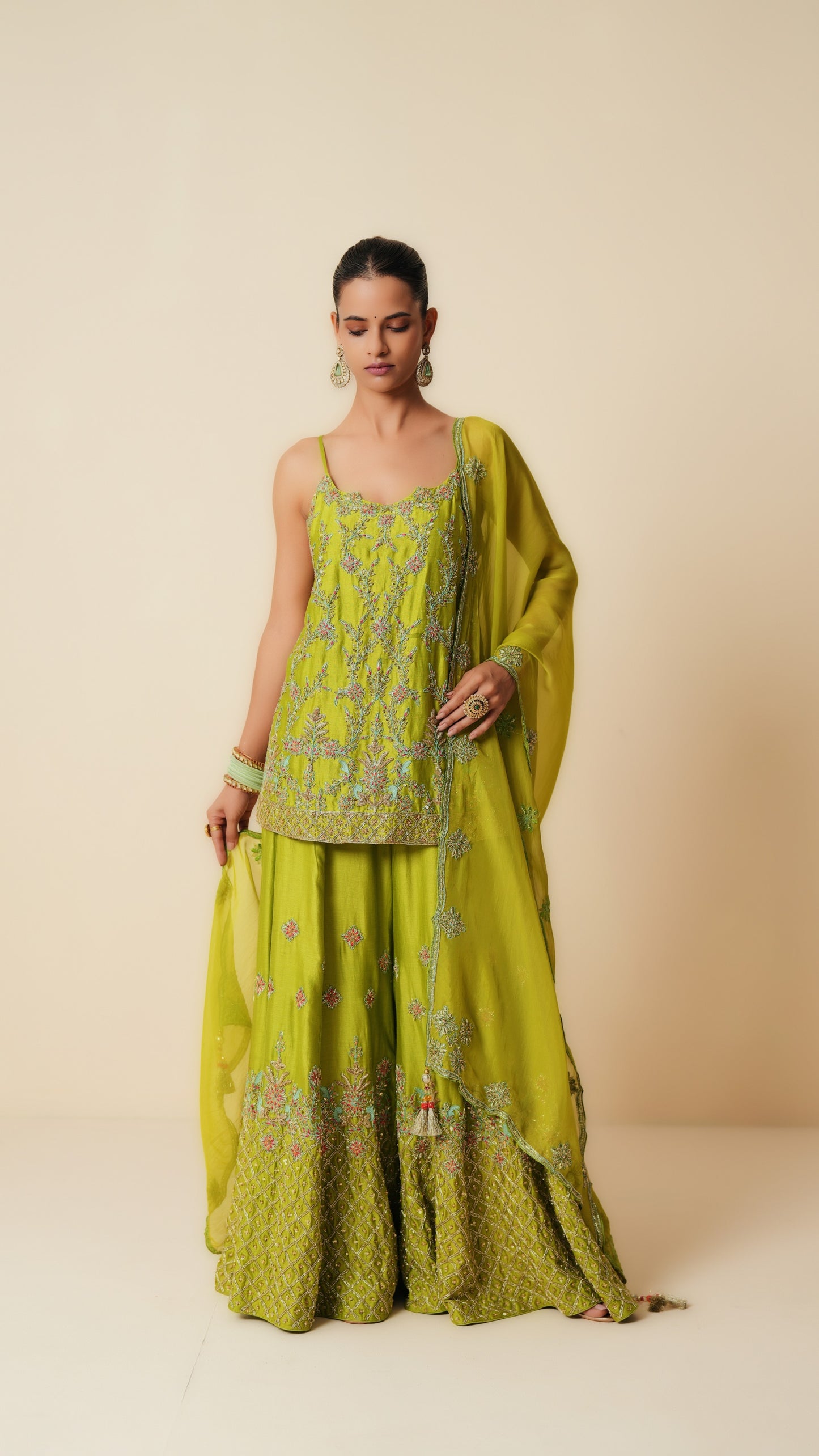 Green Embroidered Sharara Suit with Dupatta
