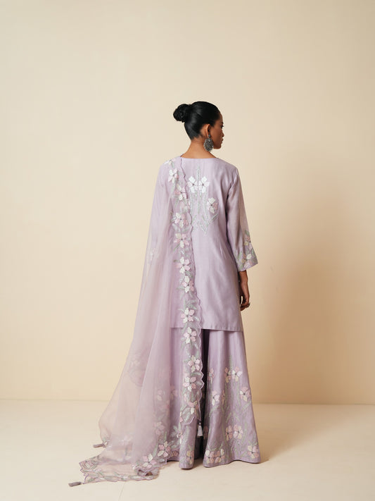 Lilac Embroidered Sharara Set with Organza Dupatta