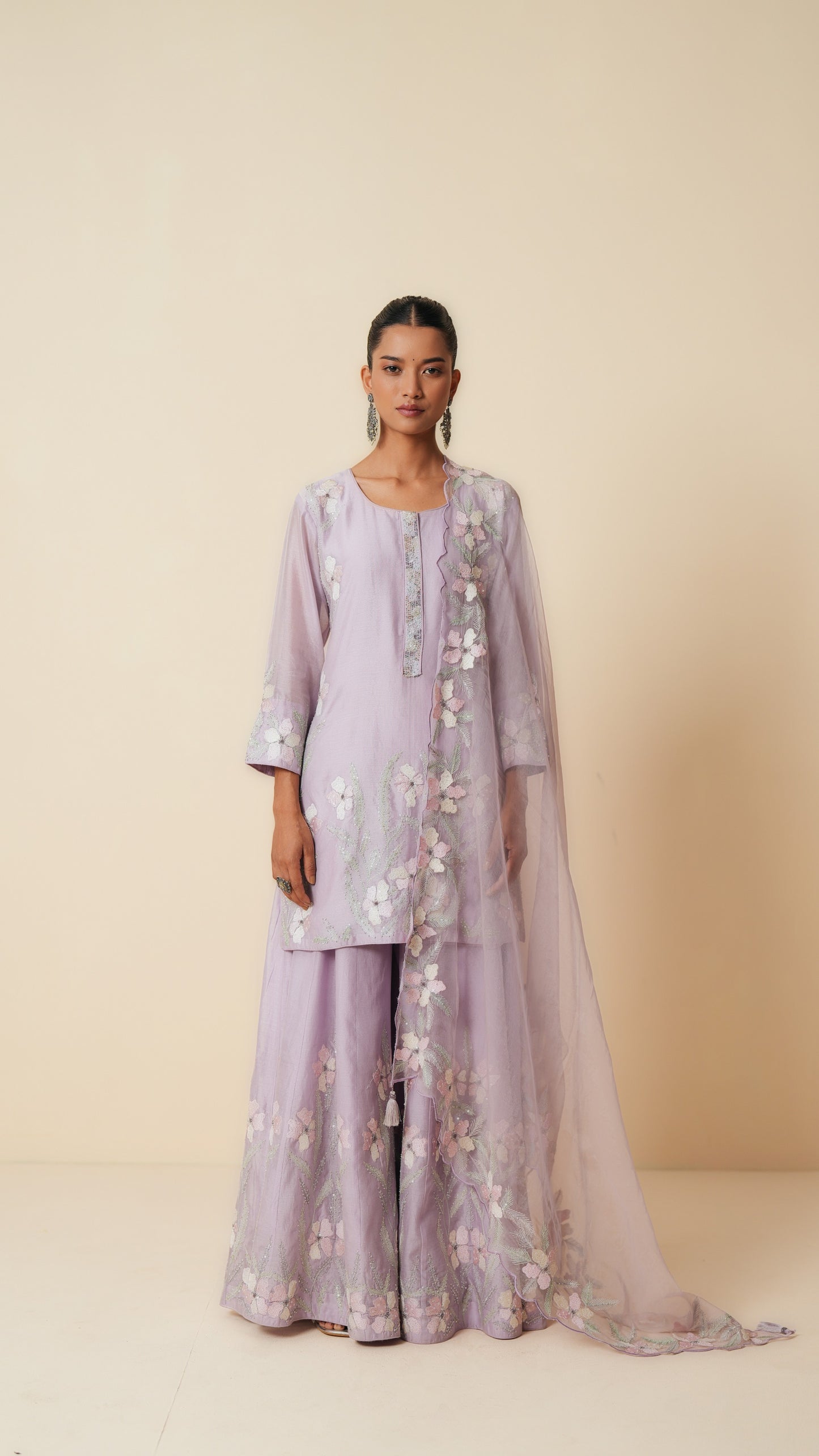 Lilac Embroidered Sharara Set with Organza Dupatta