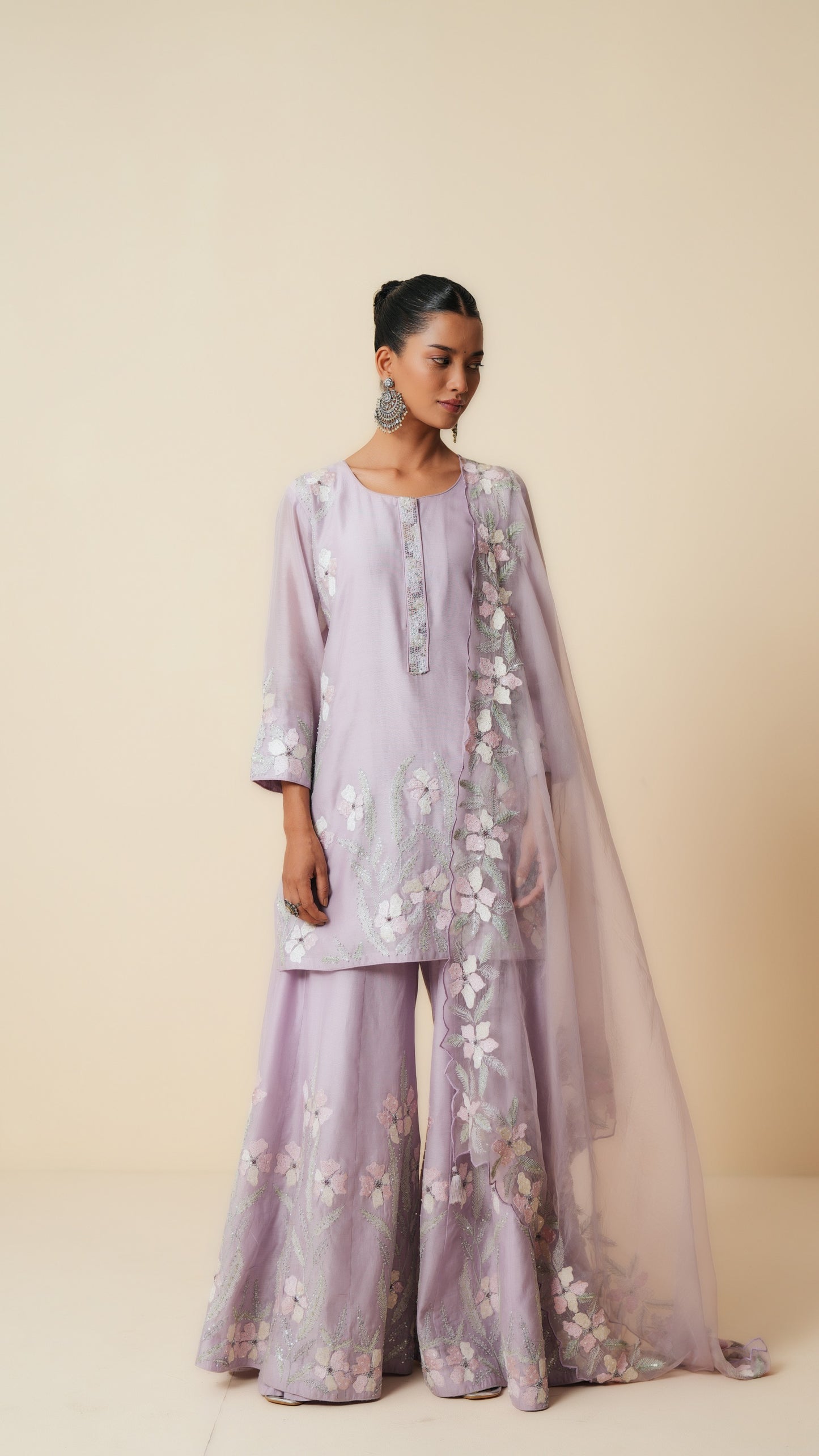 Lilac Embroidered Sharara Set with Organza Dupatta