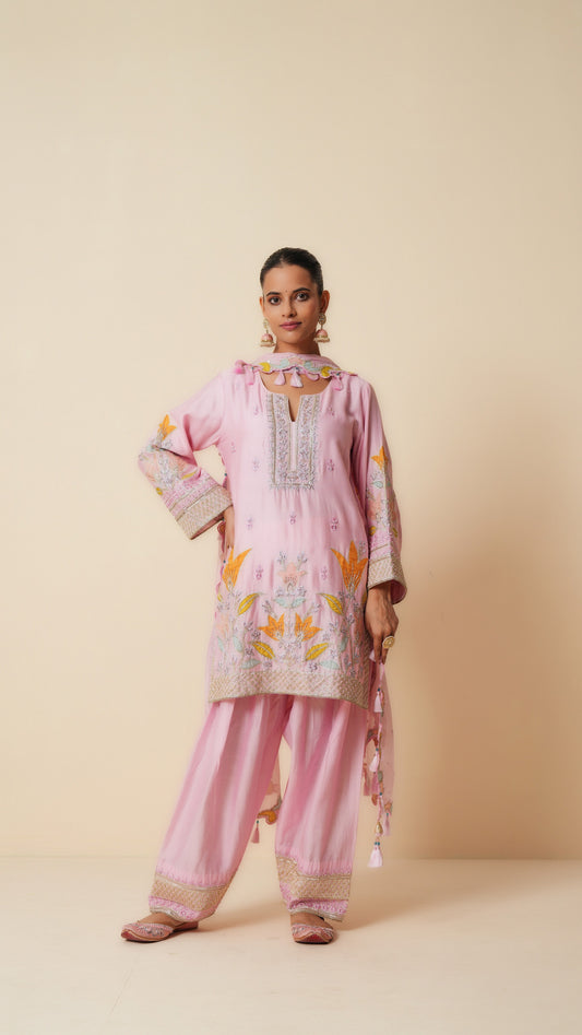 Pink Chanderi Short Suit with Farshi Salwar and Dupatta