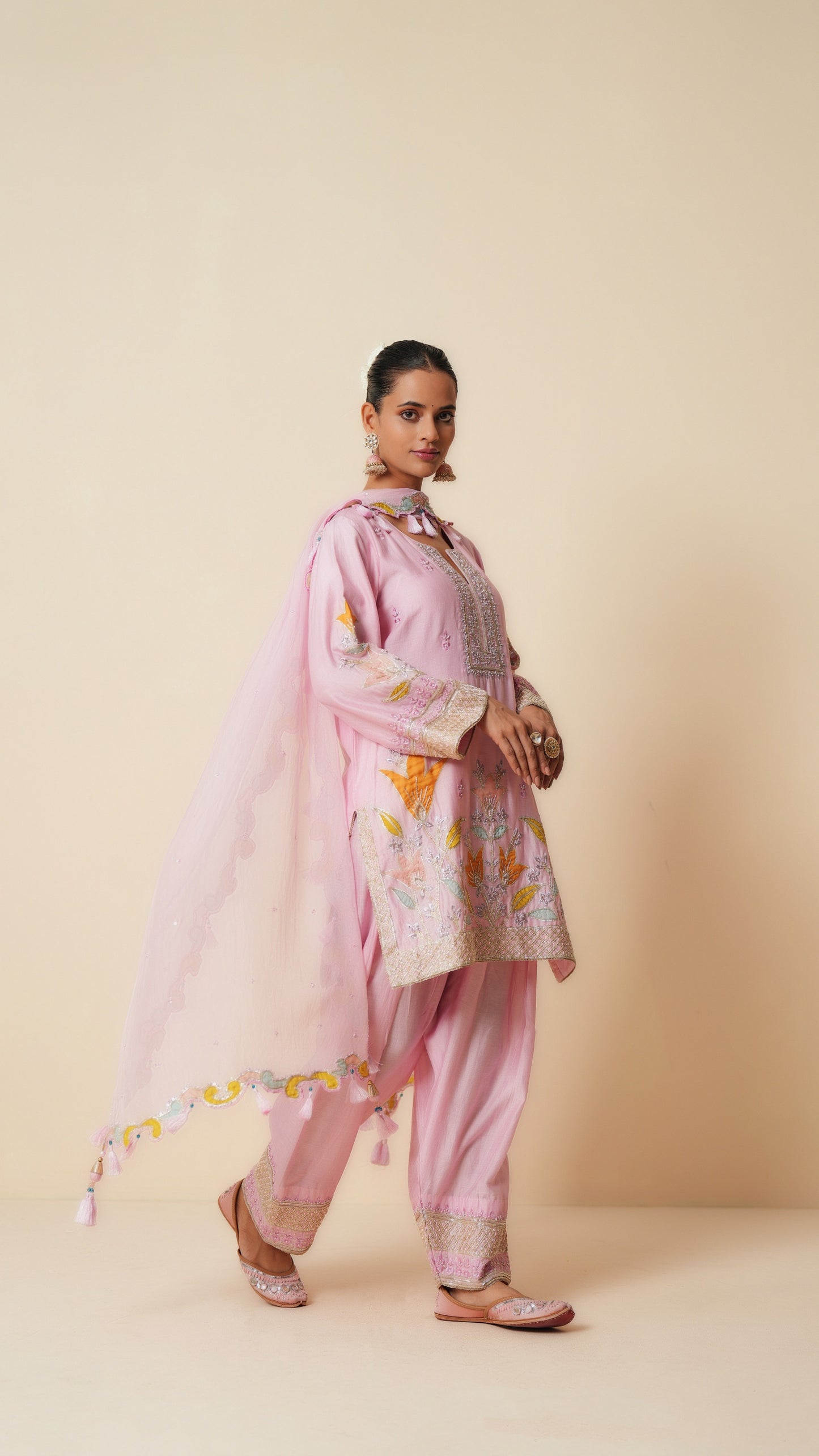 Pink Chanderi Short Suit with Farshi Salwar and Dupatta