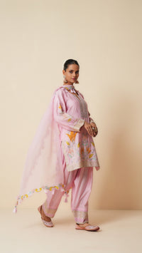 Pink Chanderi Short Suit with Farshi Salwar and Dupatta