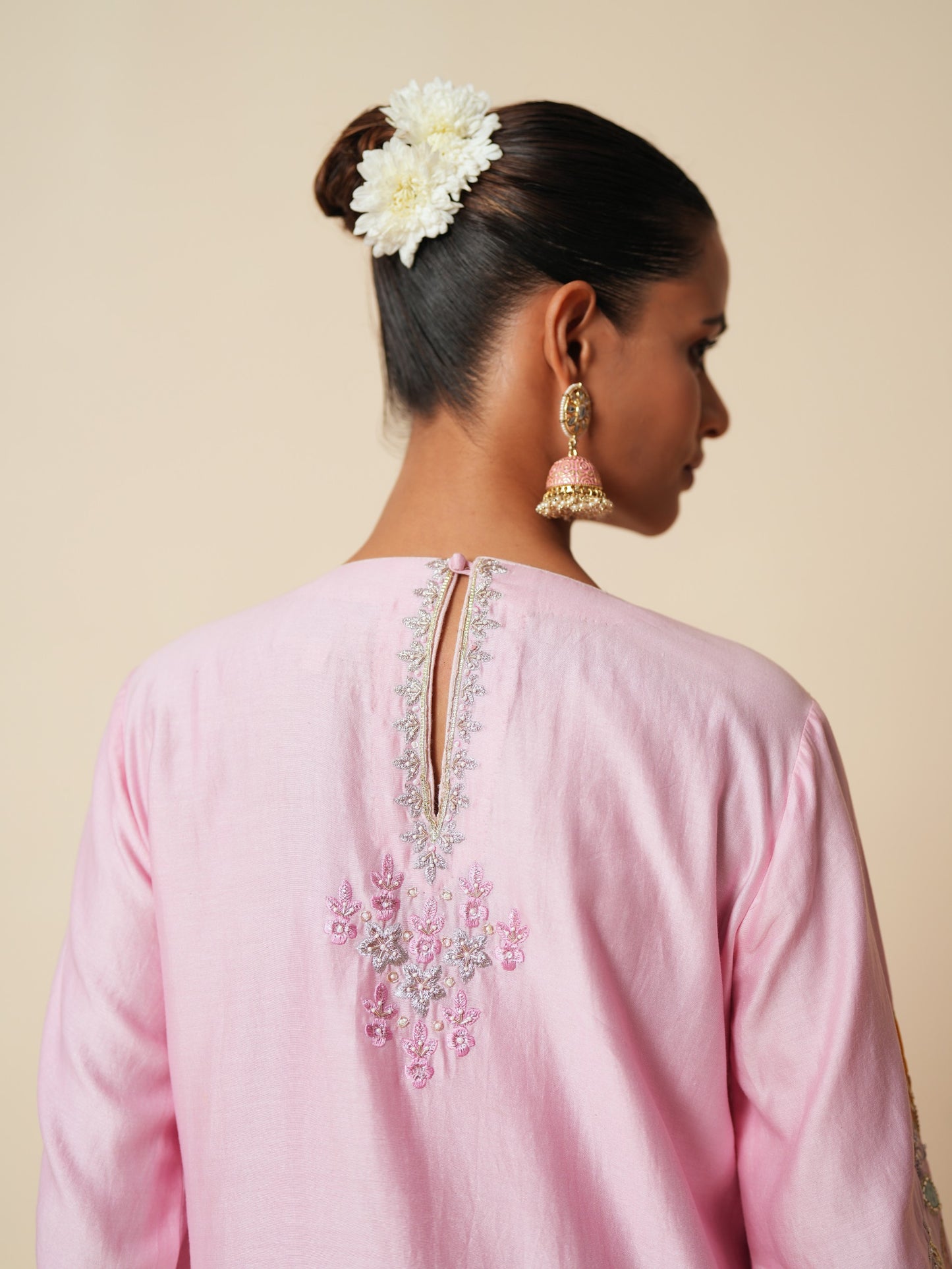 Pink Chanderi Short Suit with Farshi Salwar and Dupatta