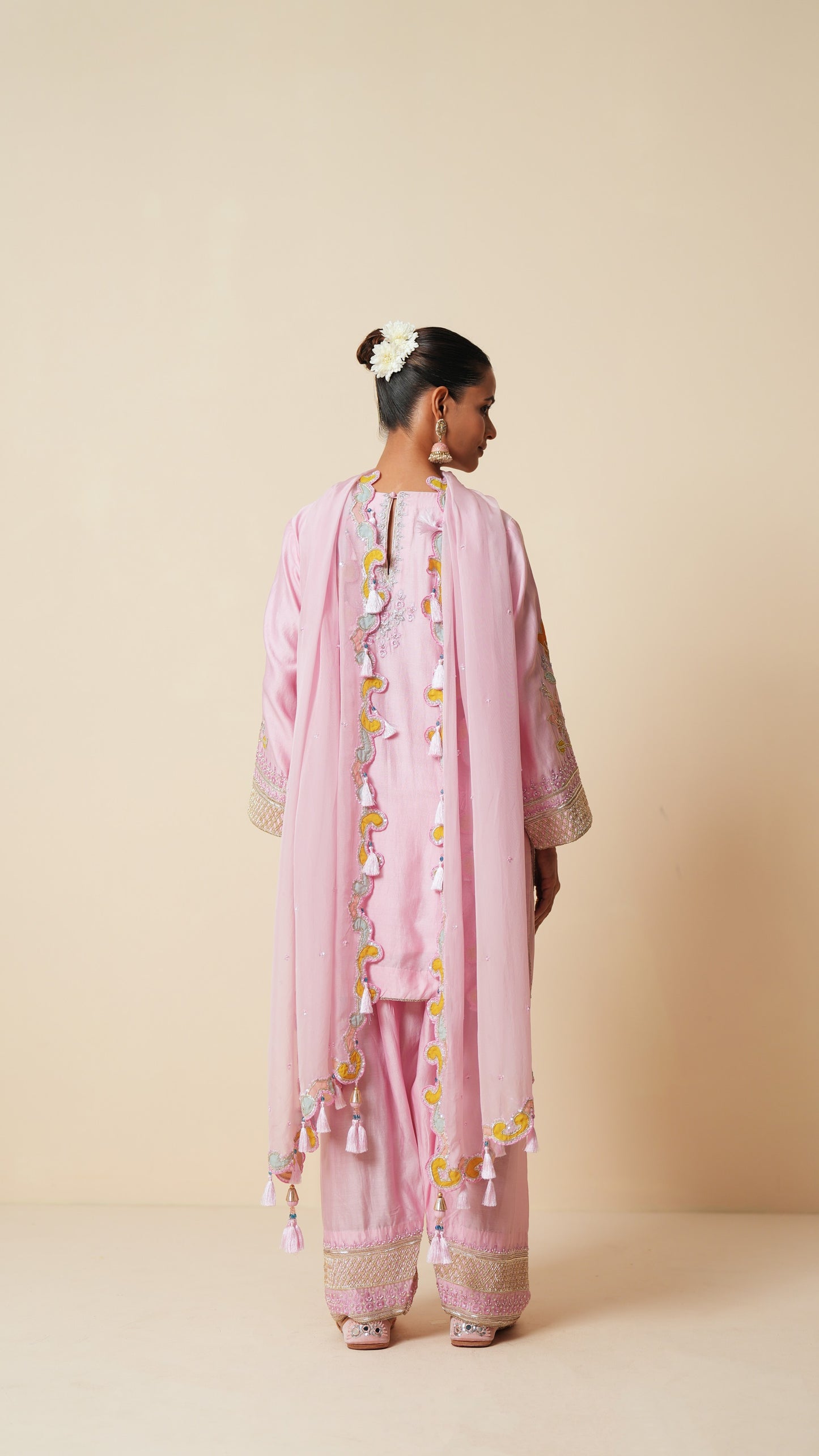 Pink Chanderi Short Suit with Farshi Salwar and Dupatta