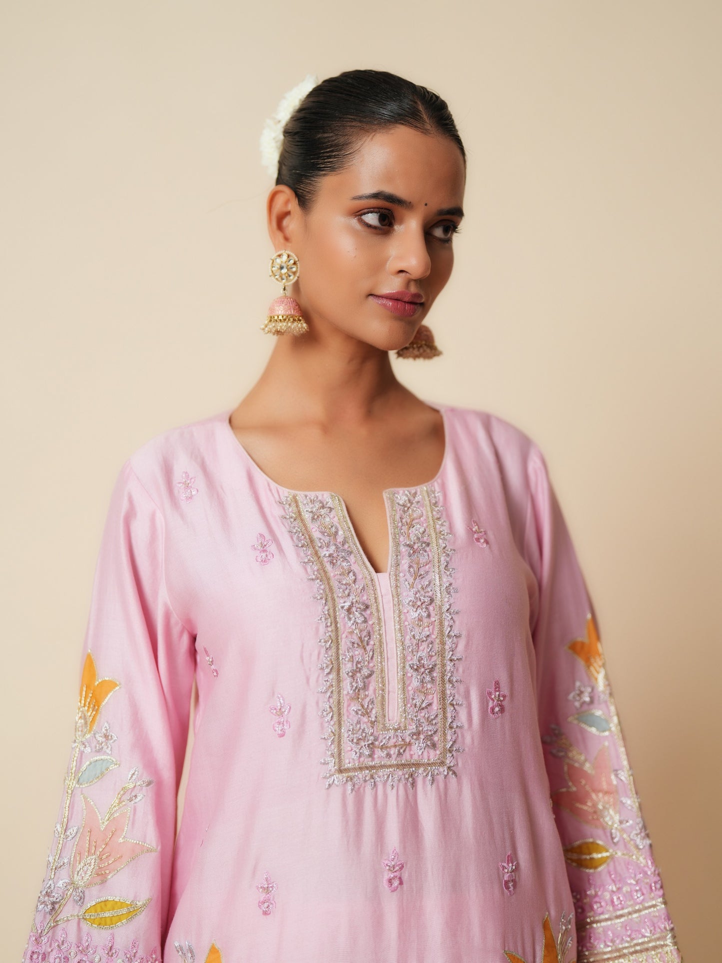 Pink Chanderi Short Suit with Farshi Salwar and Dupatta