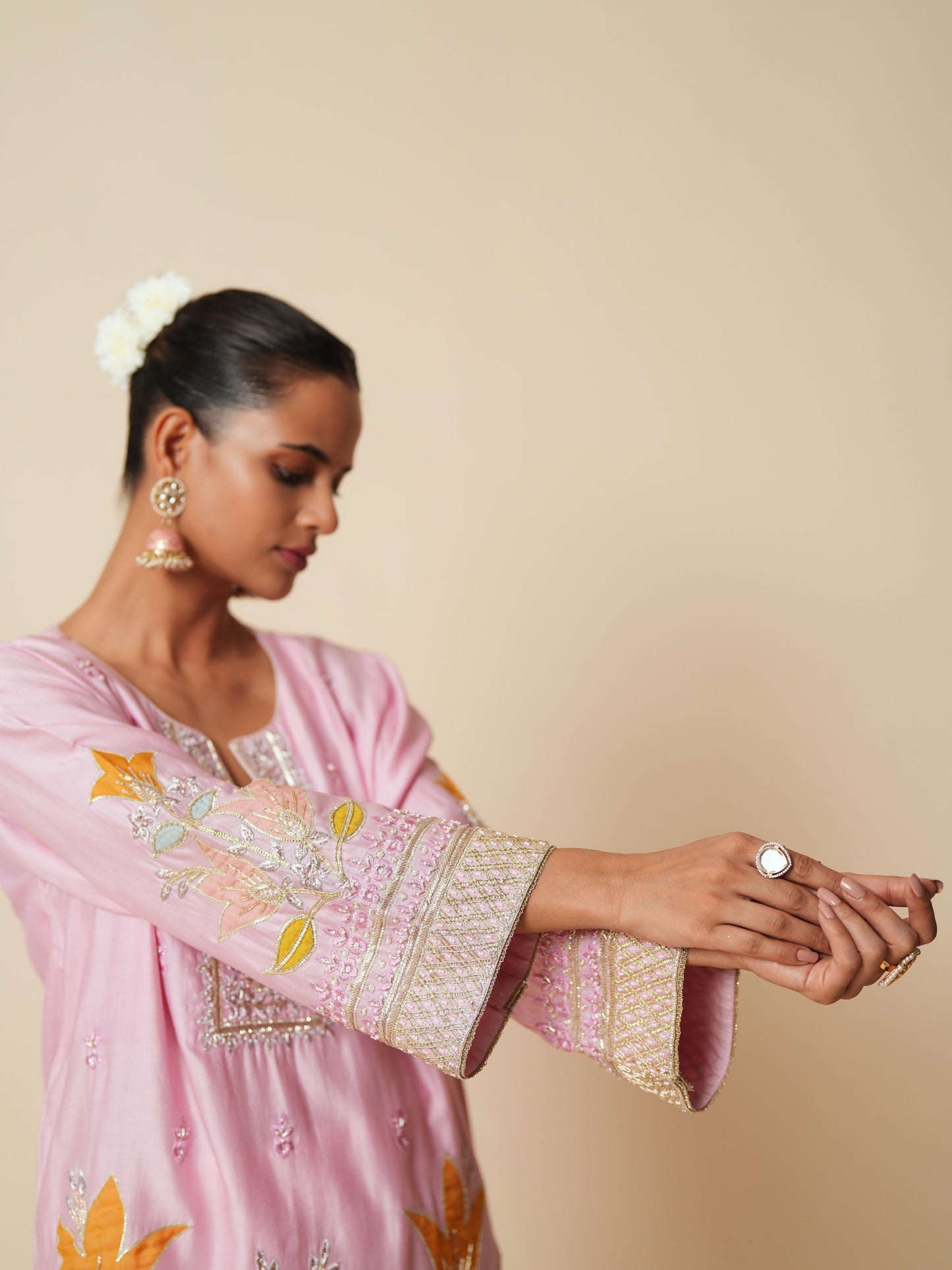Pink Chanderi Short Suit with Farshi Salwar and Dupatta