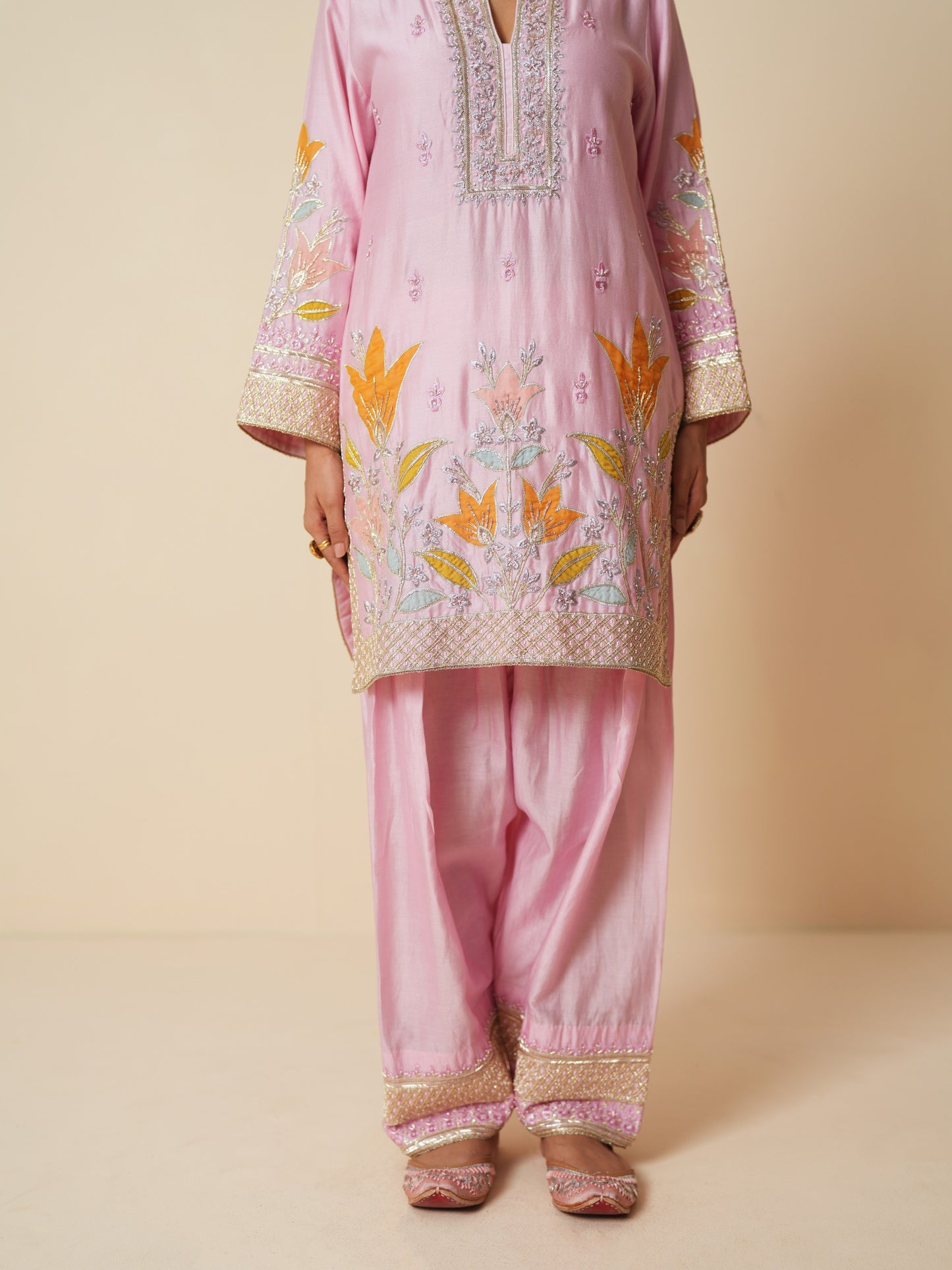 Pink Chanderi Short Suit with Farshi Salwar and Dupatta