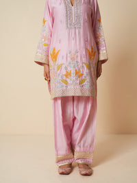 Pink Chanderi Short Suit with Farshi Salwar and Dupatta