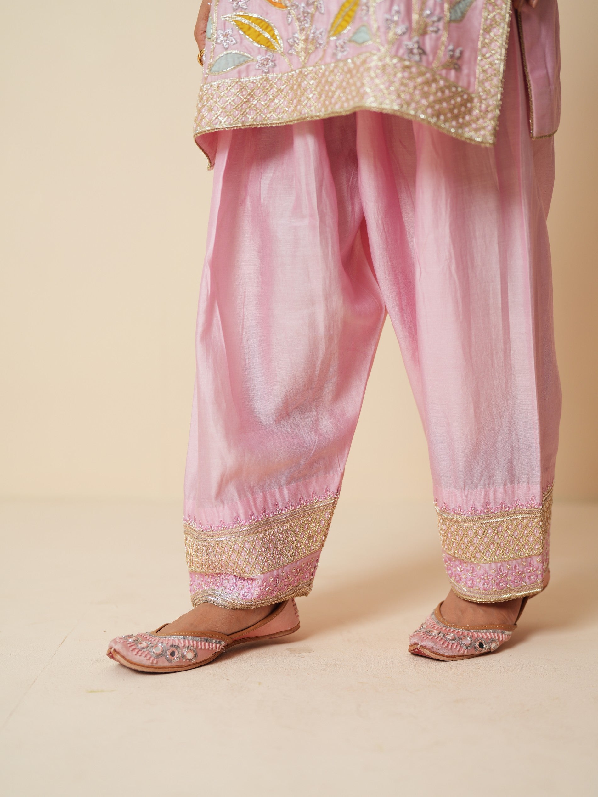 Pink Chanderi Short Suit with Farshi Salwar and Dupatta