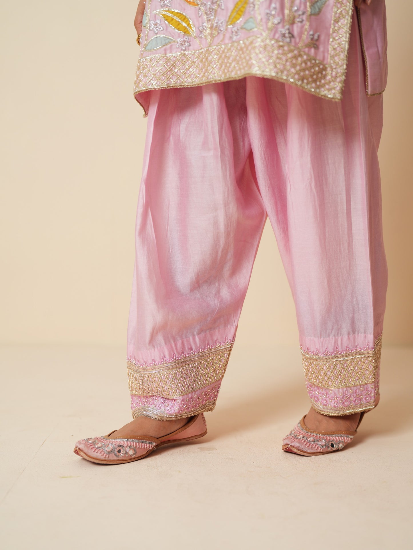 Pink Chanderi Short Suit with Farshi Salwar and Dupatta