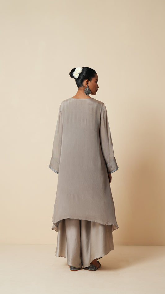 Grey Chiffon Shirt and Satin Bottom Ethnic Set