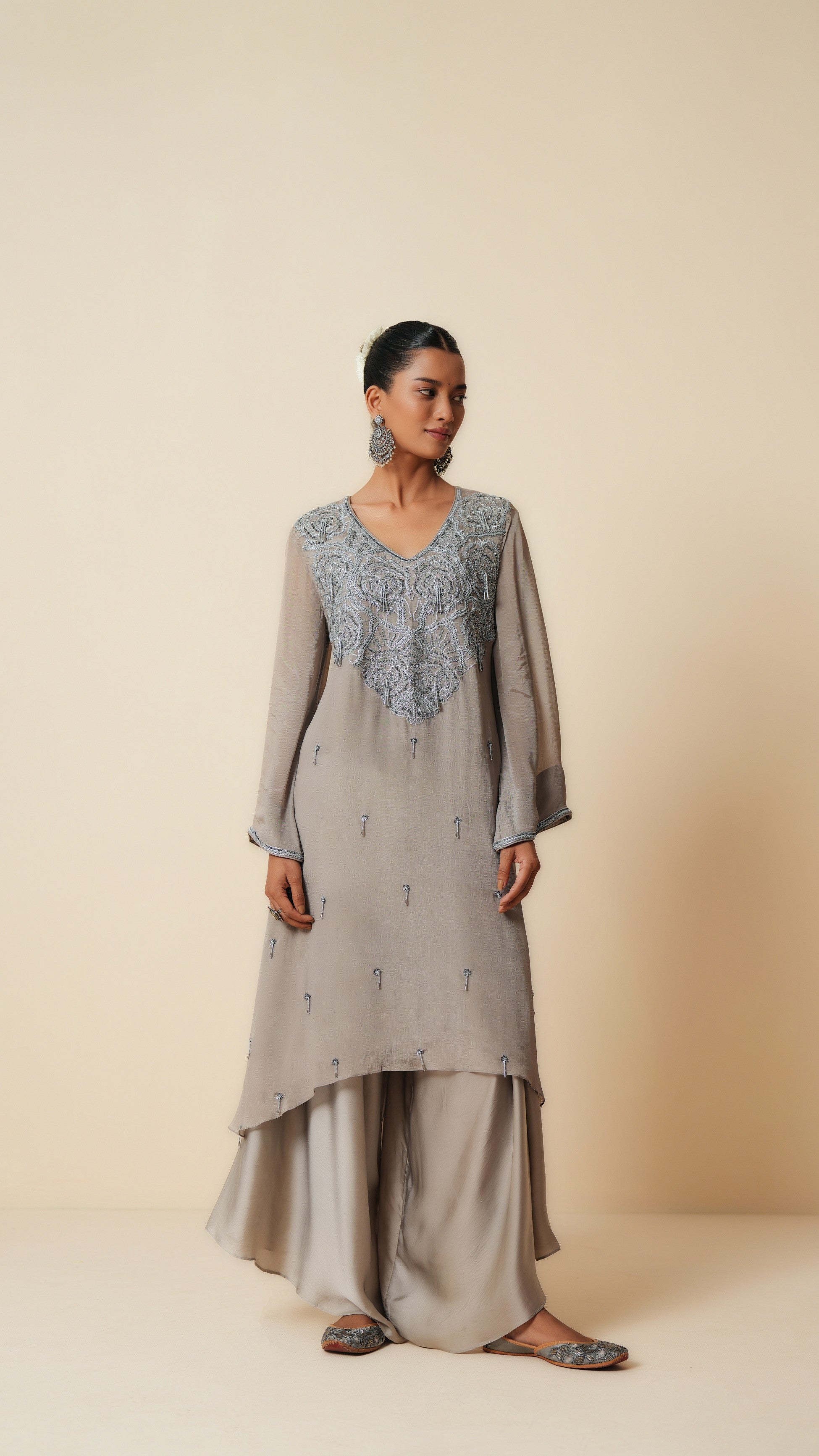 Grey Chiffon Shirt and Satin Bottom Ethnic Set