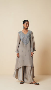 Grey Chiffon Shirt and Satin Bottom Ethnic Set