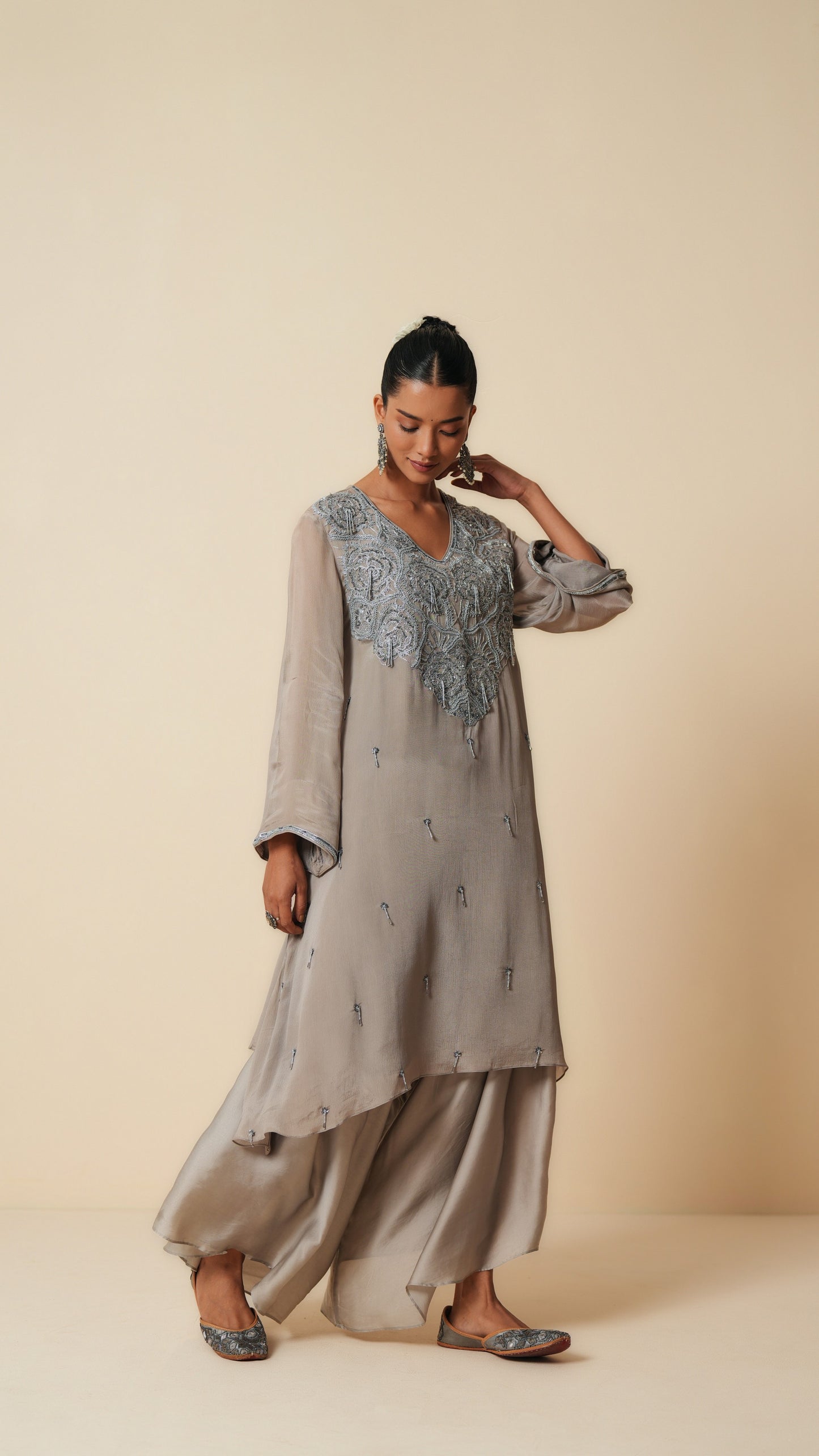 Grey Chiffon Shirt and Satin Bottom Ethnic Set