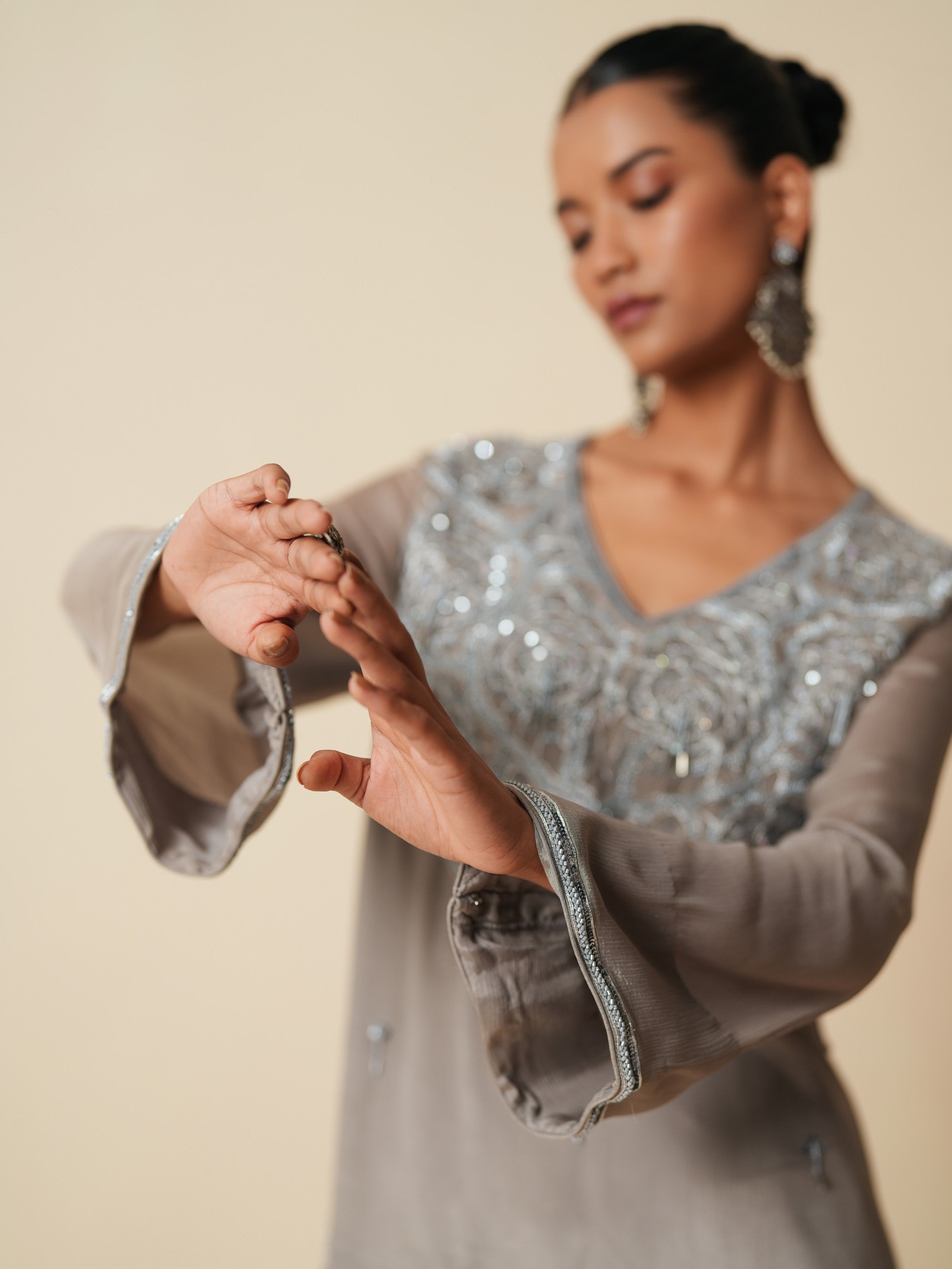 Grey Chiffon Shirt and Satin Bottom Ethnic Set
