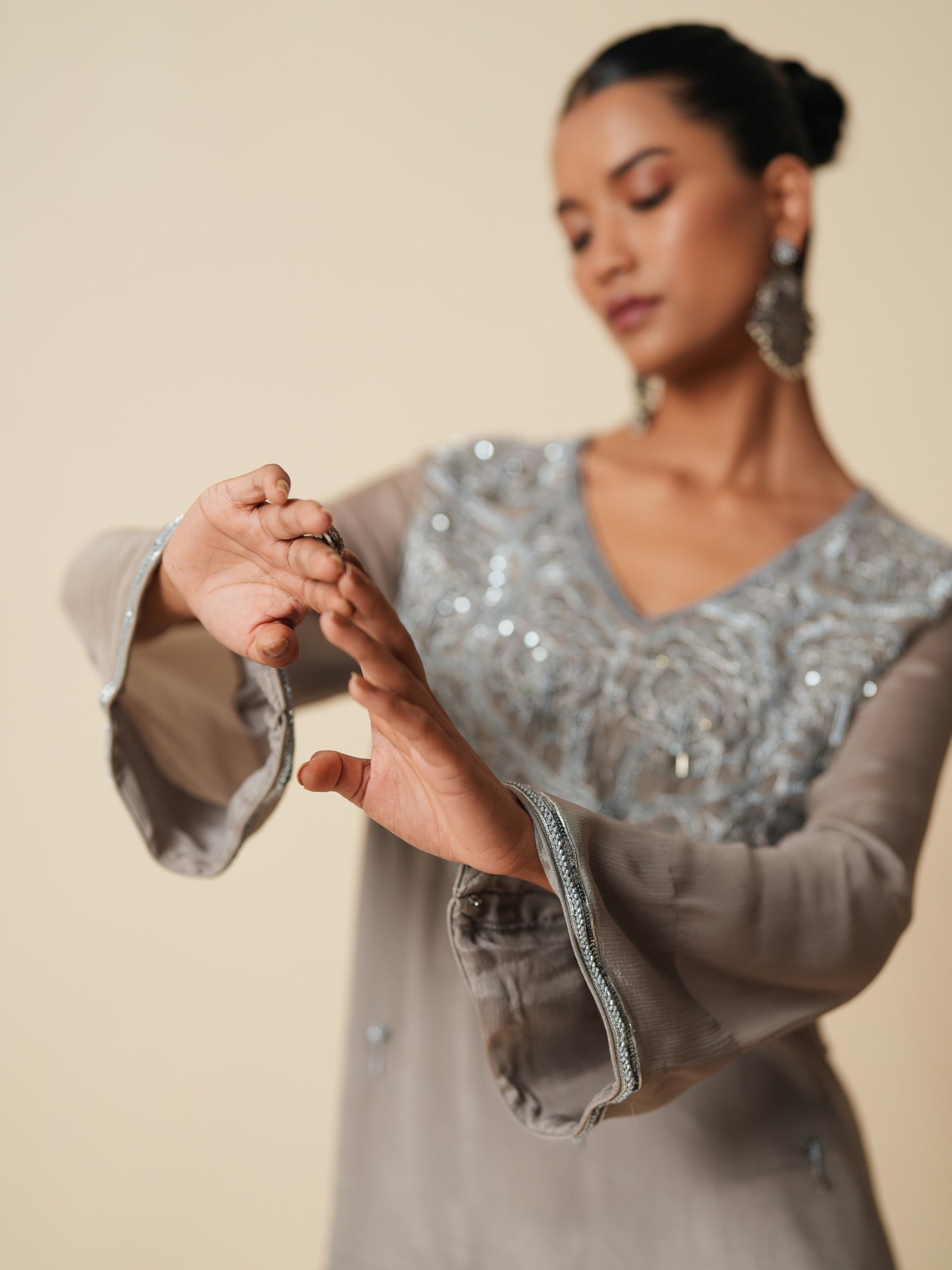 Grey Chiffon Shirt and Satin Bottom Ethnic Set
