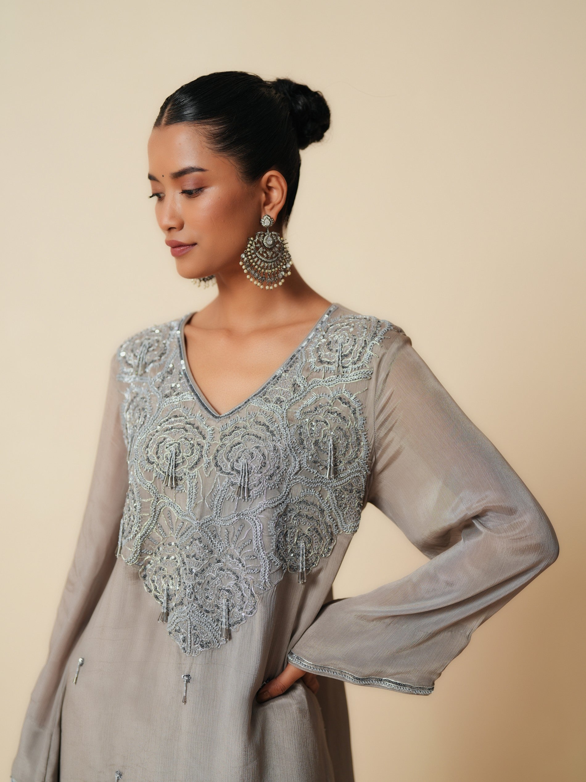Grey Chiffon Shirt and Satin Bottom Ethnic Set
