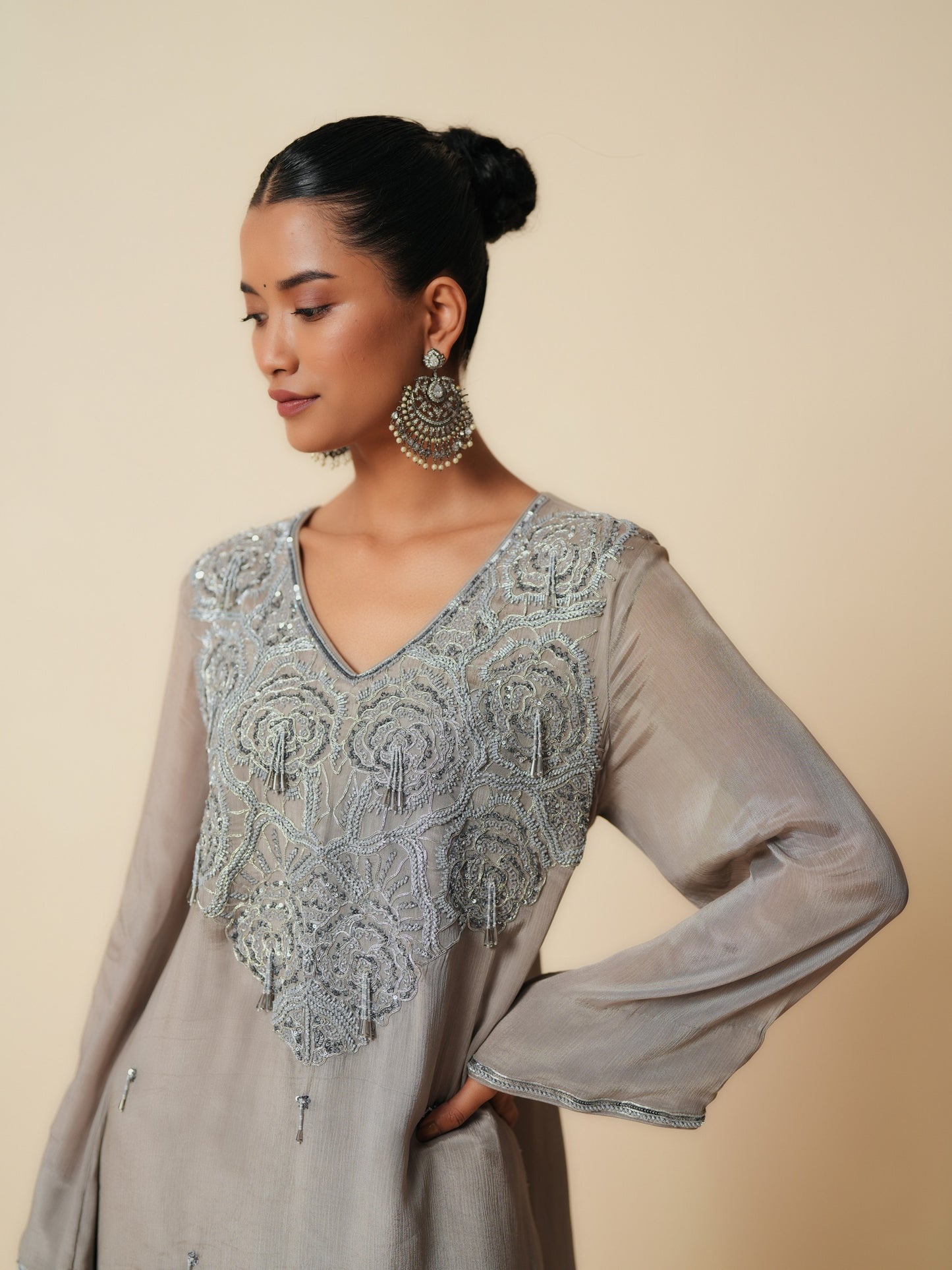 Grey Chiffon Shirt and Satin Bottom Ethnic Set