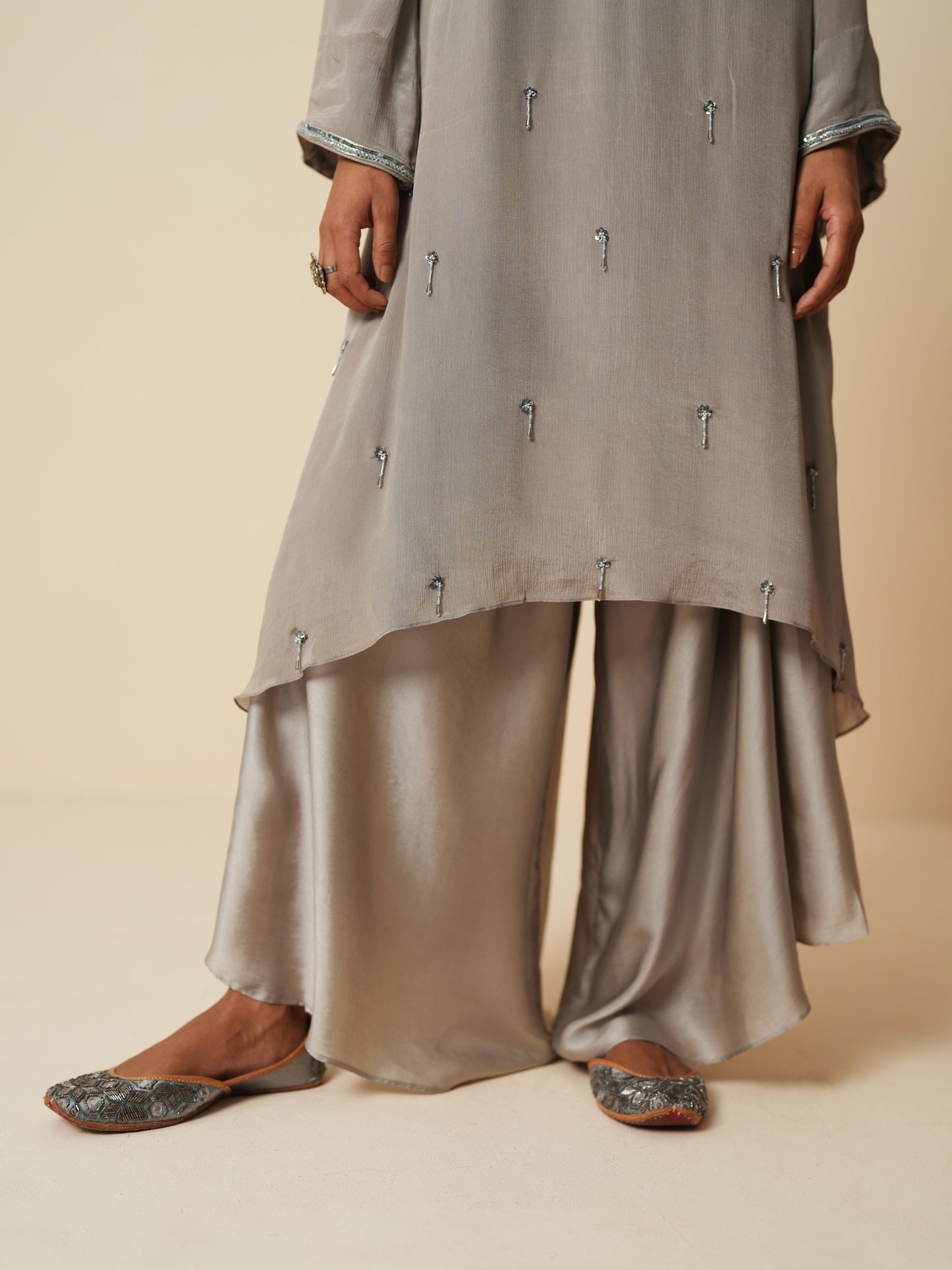 Grey Chiffon Shirt and Satin Bottom Ethnic Set