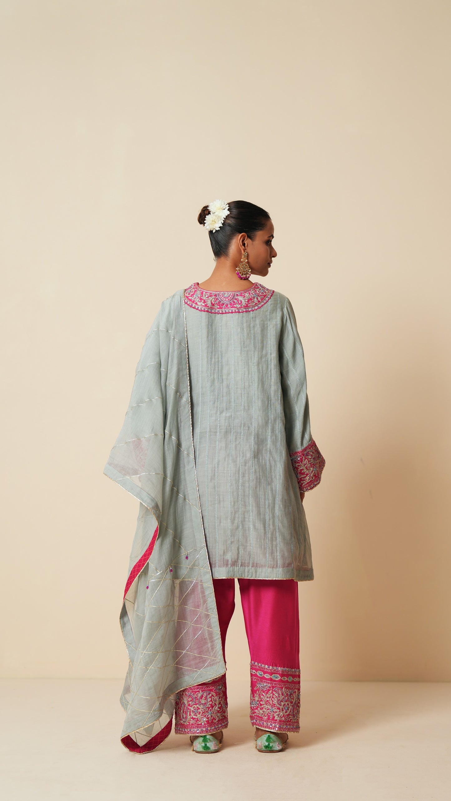 Grey & Pink Embroidered Chanderi Suit Set with Dupatta