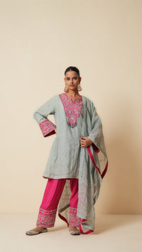 Grey & Pink Embroidered Chanderi Suit Set with Dupatta