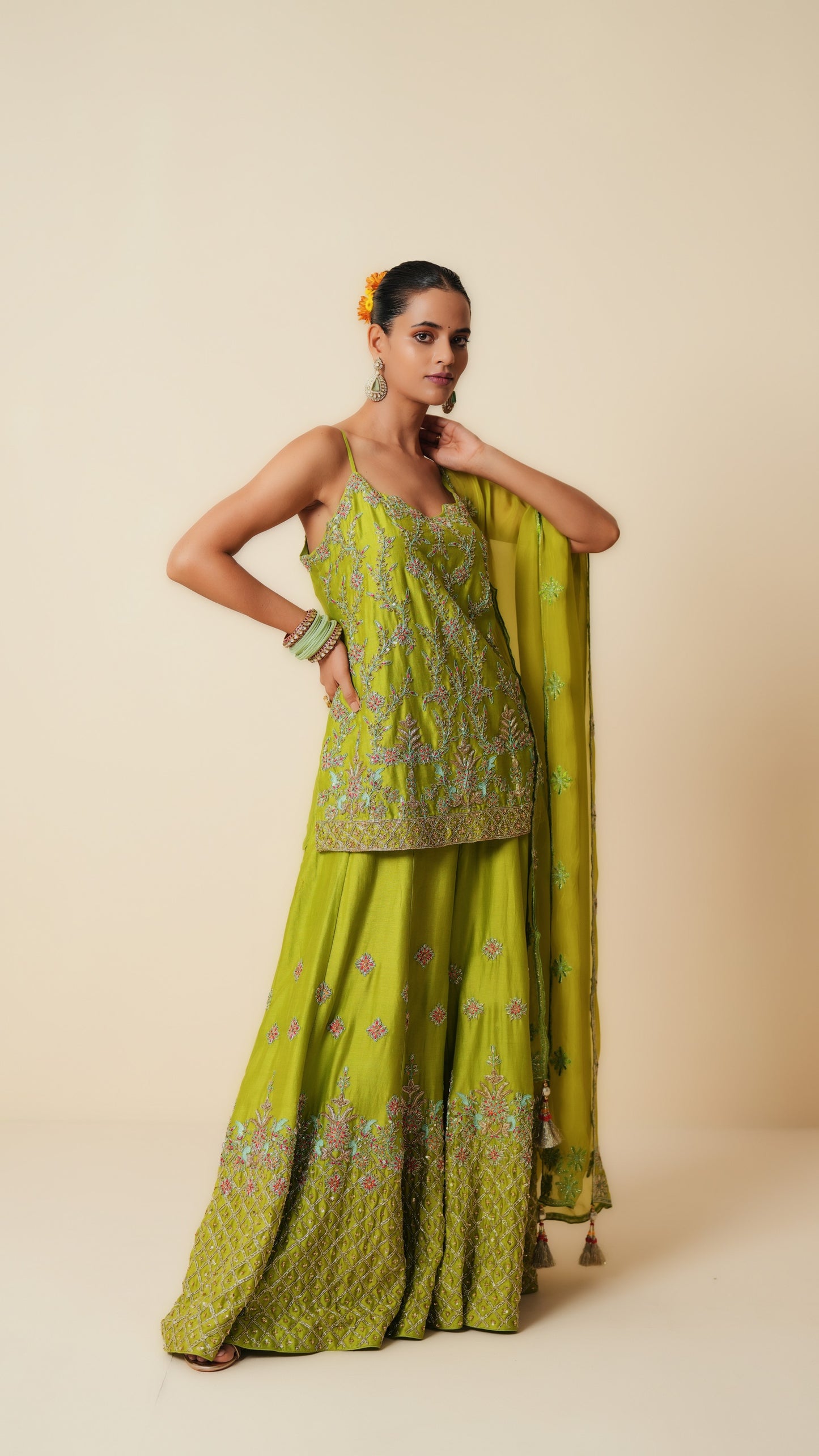Green Embroidered Sharara Suit with Dupatta
