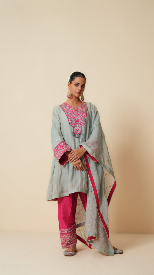 Grey & Pink Embroidered Chanderi Suit Set with Dupatta