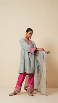 Grey & Pink Embroidered Chanderi Suit Set with Dupatta