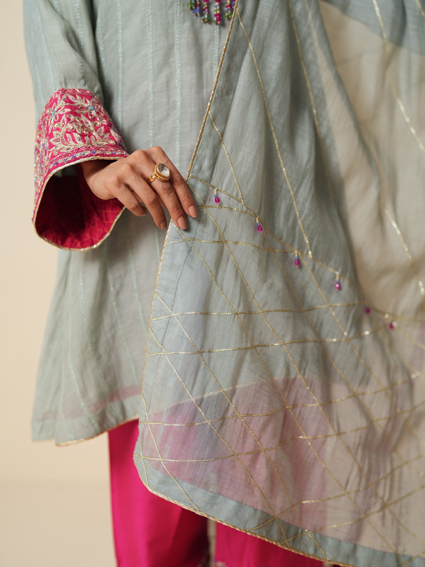 Grey & Pink Embroidered Chanderi Suit Set with Dupatta