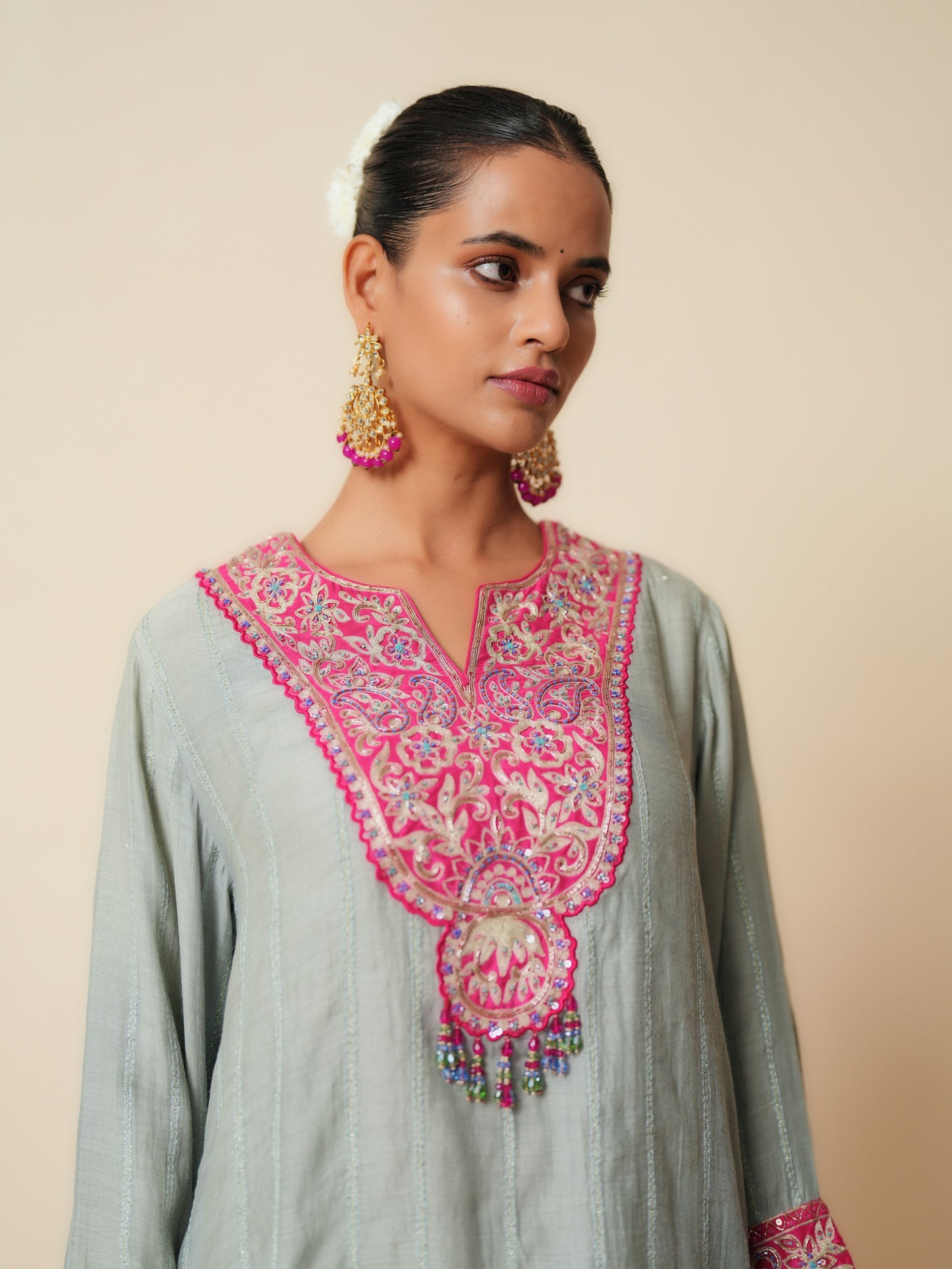 Grey & Pink Embroidered Chanderi Suit Set with Dupatta