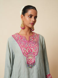 Grey & Pink Embroidered Chanderi Suit Set with Dupatta