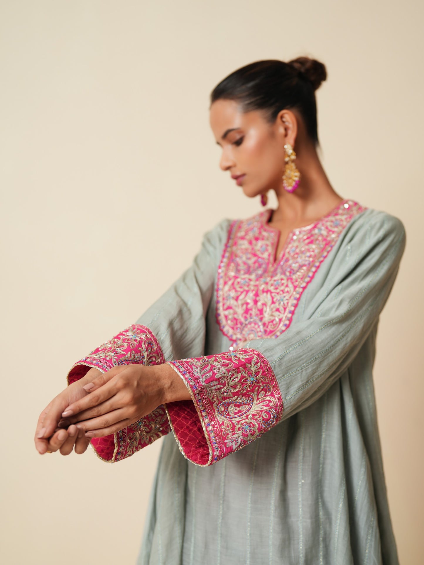 Grey & Pink Embroidered Chanderi Suit Set with Dupatta